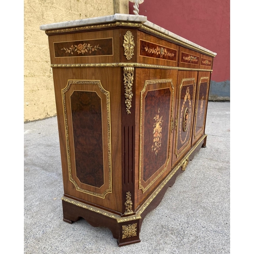 18 - A FRENCH MARBLE TOP CREDENZA, highly decorated throughout with inlay detail and brass mounts, three ... 