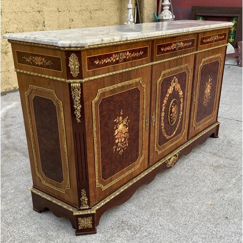 18 - A FRENCH MARBLE TOP CREDENZA, highly decorated throughout with inlay detail and brass mounts, three ... 