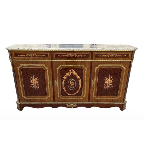 18 - A FRENCH MARBLE TOP CREDENZA, highly decorated throughout with inlay detail and brass mounts, three ... 