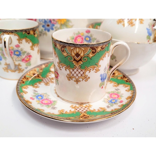 187 - A FINE BONE CHINA COFFEE SET; by Shelly; Sheraton design, includes; coffee pot, 6 coffee cups, 5 sau... 