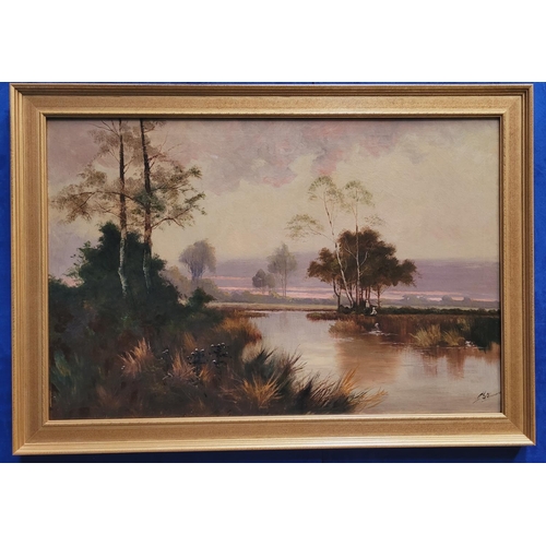 203 - J. STANMORE, (ENGLISH SCHOOL), FIGURES BY A RIVER, oil on canvas, signed lower right. 75 x 49cm pain... 