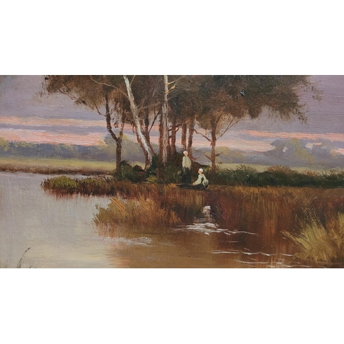 203 - J. STANMORE, (ENGLISH SCHOOL), FIGURES BY A RIVER, oil on canvas, signed lower right. 75 x 49cm pain... 