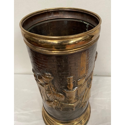 205 - A MID CENTURY BRASS EMBOSSED UMBRELLA STAND, finely decorated with embossed country scene depicting ... 