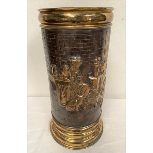 205 - A MID CENTURY BRASS EMBOSSED UMBRELLA STAND, finely decorated with embossed country scene depicting ... 