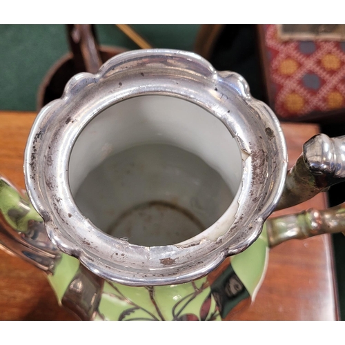 206 - A MID CENTURY GERMAN SILVER OVERLAY PORCELAIN COFFEE SET, includes coffee pot, lidded sugar bowl & j... 