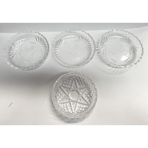 208 - A GLASS LOT TO INCLUDE (i) a Waterford Crystal cut glass goblet, (ii) a set of three cut glass ashtr... 