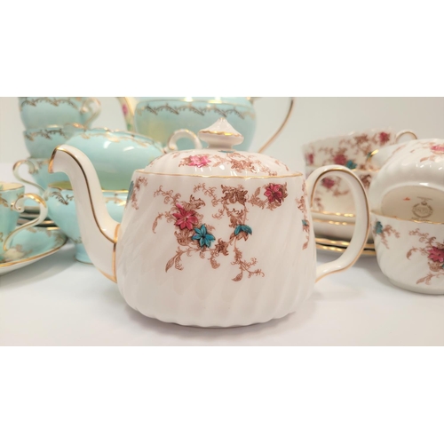 214 - TWO COFFEE/TEA SETS, (i) AN AYNSLEY ENGLISH BONE CHINA COFFEE SET, includes 6 cups, 5 saucers, jug, ... 