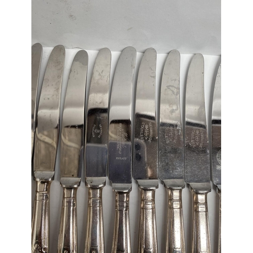 223 - A NEWBRIDGE SILVER PLATED LOT TO INCLUDE (i) fourteen knives, marked Newbridge stainless steel to ba... 