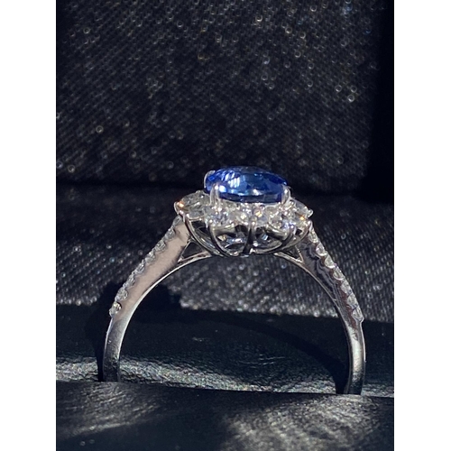 23 - AN EXQUISITE 18CT WHITE GOLD NATURAL CEYLON SAPPHIRE AND DIAMOND CLUSTER RING, colour G, clarity VS1... 