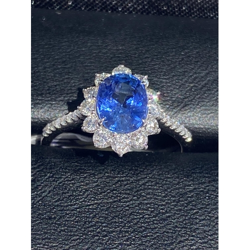 23 - AN EXQUISITE 18CT WHITE GOLD NATURAL CEYLON SAPPHIRE AND DIAMOND CLUSTER RING, colour G, clarity VS1... 