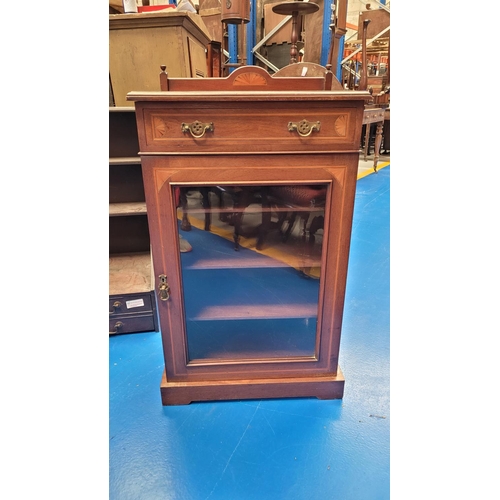 244 - A GOOD QUALITY MAHOGANY INLAID EDWARDIAN MUSIC / DISPLAY CABINET, with raised back gallery decorated... 