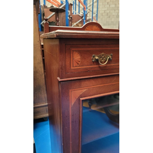 244 - A GOOD QUALITY MAHOGANY INLAID EDWARDIAN MUSIC / DISPLAY CABINET, with raised back gallery decorated... 