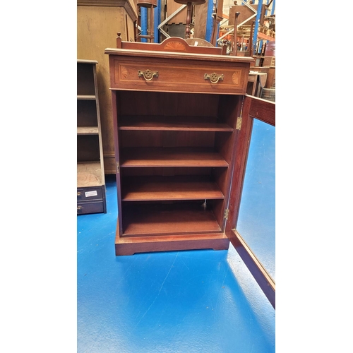 244 - A GOOD QUALITY MAHOGANY INLAID EDWARDIAN MUSIC / DISPLAY CABINET, with raised back gallery decorated... 