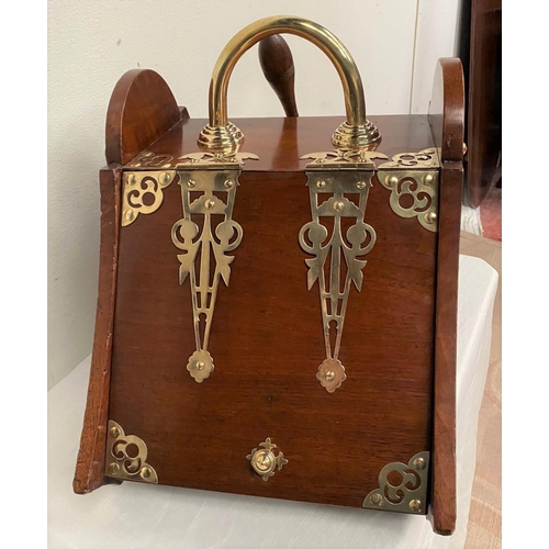 27 - A MAHOGANY SLOPE FRONT COAL BOX with ornate brass mounts and hinges, brass handle, original interior... 