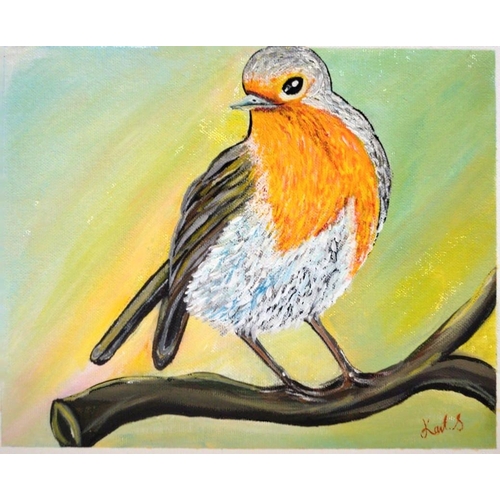 37 - KAIT S. (Irish, 20th Century), “ROBIN ON PERCH”, acrylic on canvas, signed lower right, Dimensions: ... 