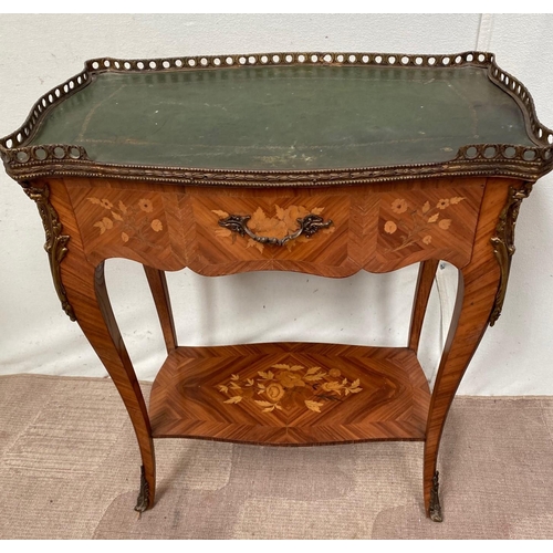 5 - A BRASS MOUNTED INLAID OCCASSIONAL TABLE, with leather and brass gallery to top, brass ormolu mounts... 