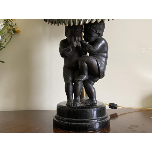 52 - IN THE STYLE OF MAITHLAND SMITH, A VINTAGE PENSHELL BRONZE LAMP, with palm tree support, penshell cr... 