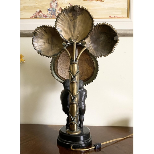 52 - IN THE STYLE OF MAITHLAND SMITH, A VINTAGE PENSHELL BRONZE LAMP, with palm tree support, penshell cr... 