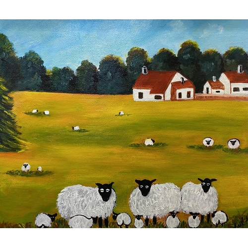 66 - KAIT S. (Irish, 20th Century), “SHEEP IN A GOLDEN FIELD”, acrylic on canvas, signed lower right, Dim... 