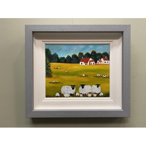 66 - KAIT S. (Irish, 20th Century), “SHEEP IN A GOLDEN FIELD”, acrylic on canvas, signed lower right, Dim... 