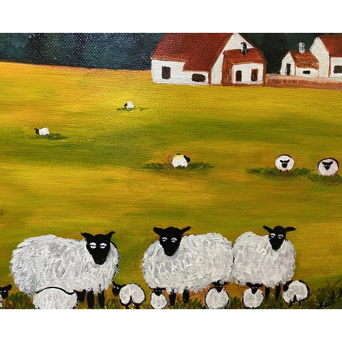 66 - KAIT S. (Irish, 20th Century), “SHEEP IN A GOLDEN FIELD”, acrylic on canvas, signed lower right, Dim... 