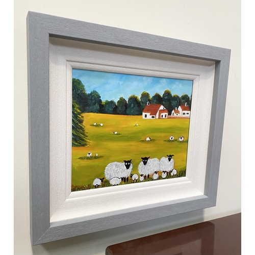 66 - KAIT S. (Irish, 20th Century), “SHEEP IN A GOLDEN FIELD”, acrylic on canvas, signed lower right, Dim... 