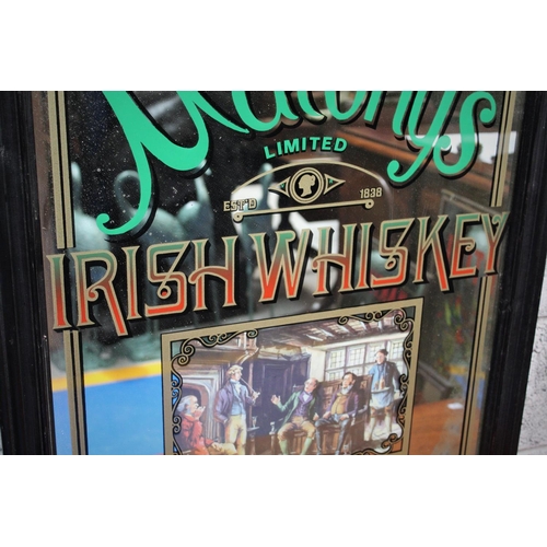 67 - A PUB MALONY'S IRISH WHISKEY ADVERTISEMENT MIRROR, produced c. 1970s, decorated lower centre with Vi... 