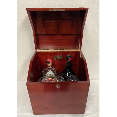 76 - A MARTELL COGNAC MAHOGANY DRINKS CABINET BOX, with brass mounts, locking mechanism, opening to stora... 