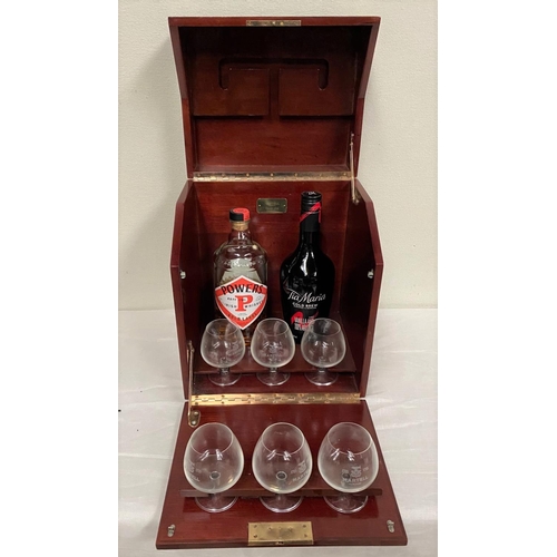 76 - A MARTELL COGNAC MAHOGANY DRINKS CABINET BOX, with brass mounts, locking mechanism, opening to stora... 