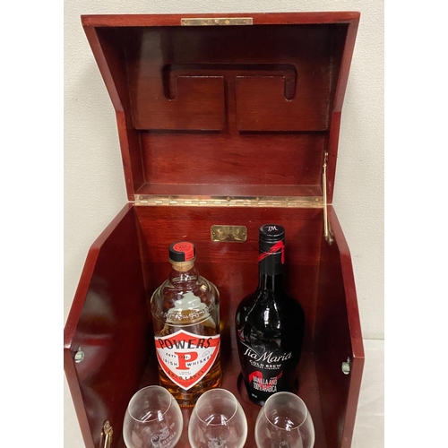 76 - A MARTELL COGNAC MAHOGANY DRINKS CABINET BOX, with brass mounts, locking mechanism, opening to stora... 