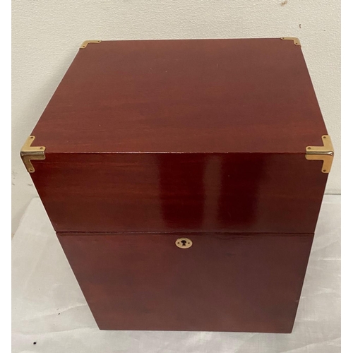 76 - A MARTELL COGNAC MAHOGANY DRINKS CABINET BOX, with brass mounts, locking mechanism, opening to stora... 