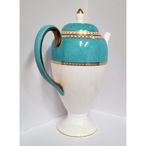 8 - A BEAUTIFUL VINTAGE WEDGEWOOD ULANDER POWDER TURQUISE COFFEE POT, 5 cup pot, in white & turquoise wi... 