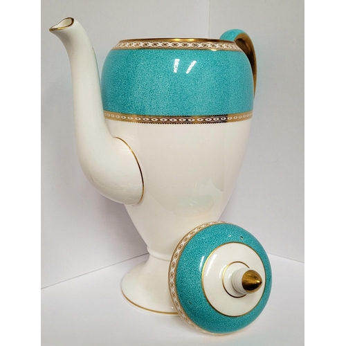 8 - A BEAUTIFUL VINTAGE WEDGEWOOD ULANDER POWDER TURQUISE COFFEE POT, 5 cup pot, in white & turquoise wi... 