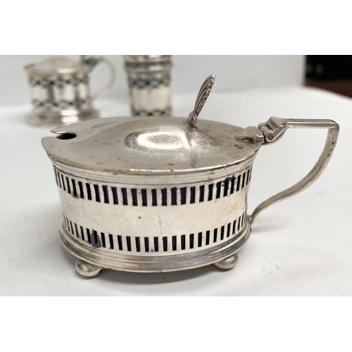 83 - A SILVER PLATED CRUET SET, without stand, Marked EPNS to base, one silver with hallmarks rubbed, all... 