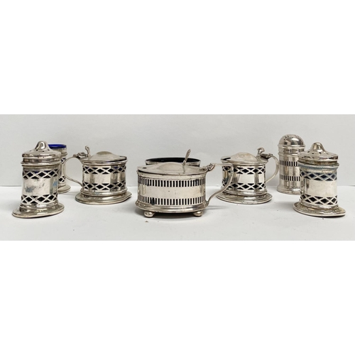 83 - A SILVER PLATED CRUET SET, without stand, Marked EPNS to base, one silver with hallmarks rubbed, all... 