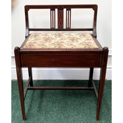 86 - AN EDWARDIAN MAHOGANY INLAID PIANO STOOL, with tapestry upholstered seat, lift up sheet music compar... 