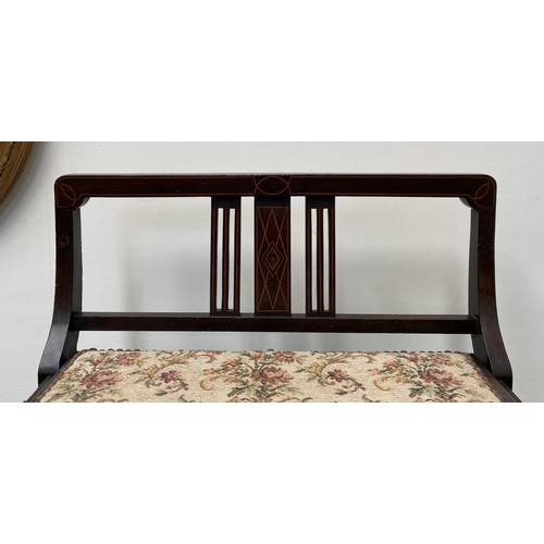 86 - AN EDWARDIAN MAHOGANY INLAID PIANO STOOL, with tapestry upholstered seat, lift up sheet music compar... 