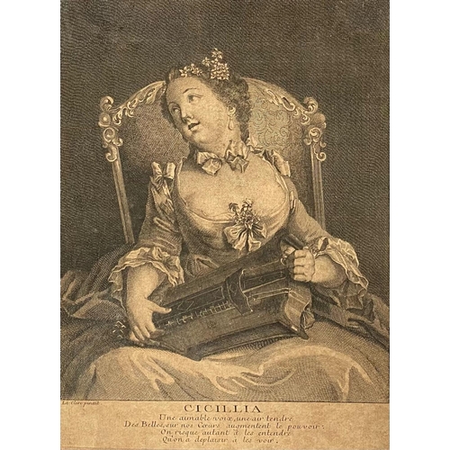 99 - AFTER SEBASTIEN LECLERC II (French, 1676-1763), “CECILIA”, print reproduction of ‘La Vielleuse’ engr... 