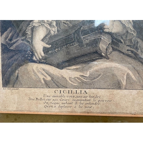 99 - AFTER SEBASTIEN LECLERC II (French, 1676-1763), “CECILIA”, print reproduction of ‘La Vielleuse’ engr... 