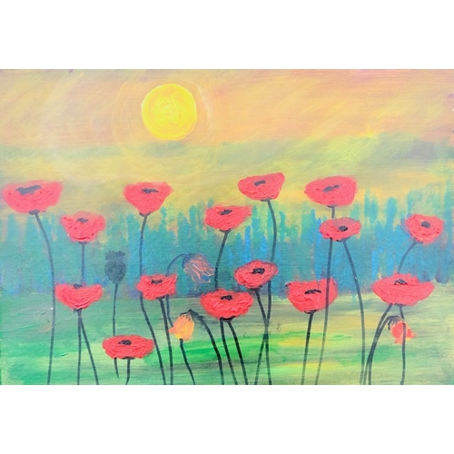 252 - KEN BULLOCK (Irish, 20th Century), “POPPIES IN THE SUN”, oil on board, dimensions: 12in x 18in appro... 