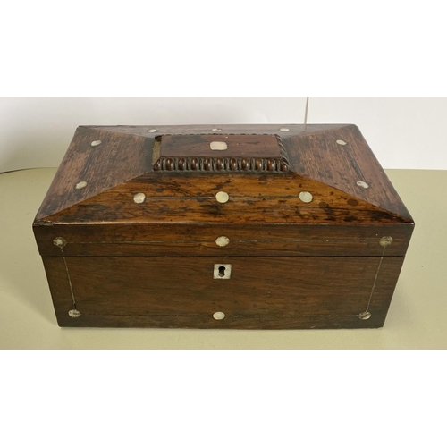 103 - A 19TH CENTURY MAHOGANY AND MOTHER OF PEARL TEA CADDY, internally fitted with original comportments,... 