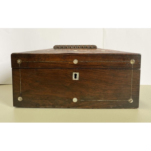 103 - A 19TH CENTURY MAHOGANY AND MOTHER OF PEARL TEA CADDY, internally fitted with original comportments,... 