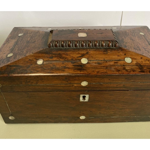 103 - A 19TH CENTURY MAHOGANY AND MOTHER OF PEARL TEA CADDY, internally fitted with original comportments,... 