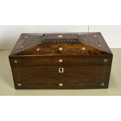 103 - A 19TH CENTURY MAHOGANY AND MOTHER OF PEARL TEA CADDY, internally fitted with original comportments,... 