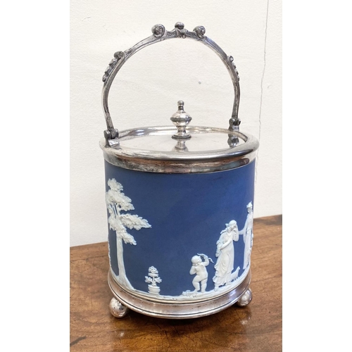 105 - A VINTAGE WEDGWOOD JASPER WARE AND SILVER PLATED BISCUIT BARREL, in good condition, Makers Mark Jame... 