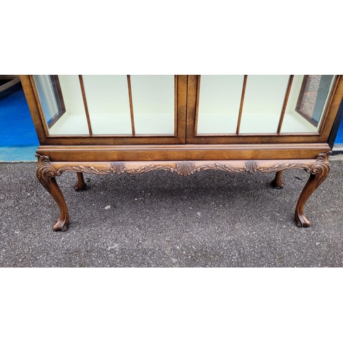 114 - A GOOD QUALITY TWO DOOR GLAZED CABINET, raised on a nice decorative scrolling carved leg, with carve... 