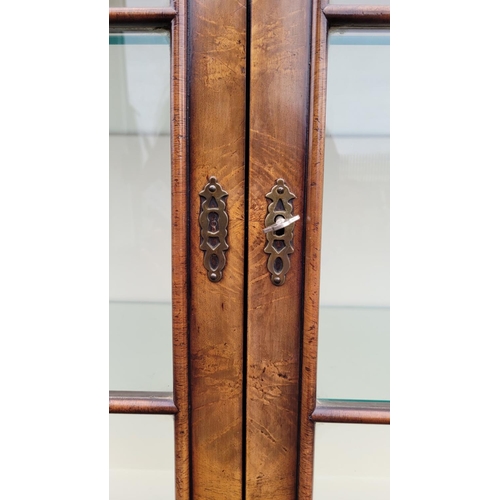 114 - A GOOD QUALITY TWO DOOR GLAZED CABINET, raised on a nice decorative scrolling carved leg, with carve... 