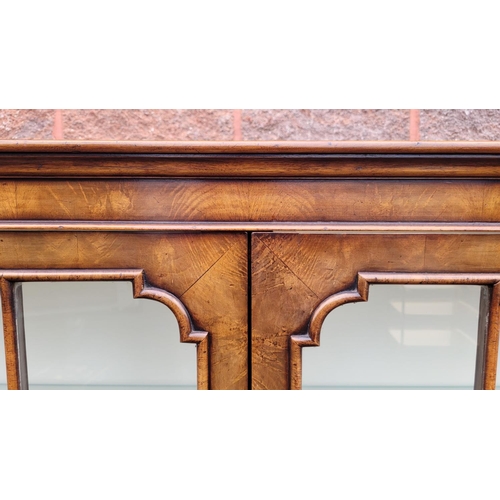 114 - A GOOD QUALITY TWO DOOR GLAZED CABINET, raised on a nice decorative scrolling carved leg, with carve... 