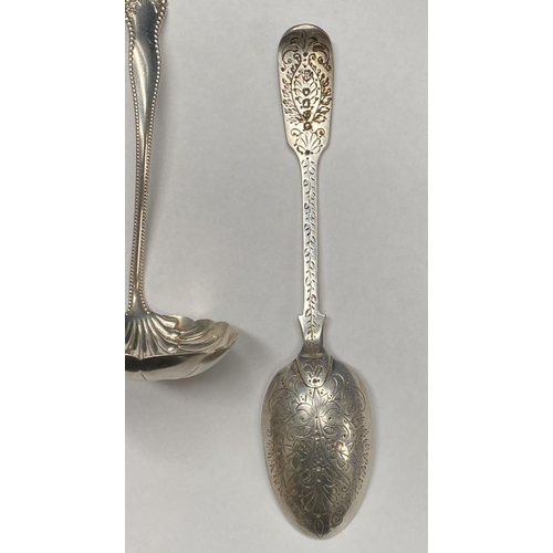 124 - A SILVER/ SILVER PLATED SPOON AND LADLE LOT TO INCLUDE (i) a decorative silver teaspoon, Maker Walte... 