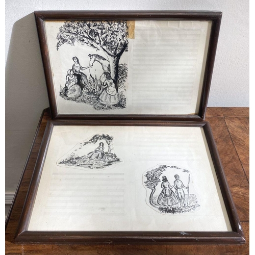 142 - A PAIR OF FRAMED VINTAGE INK ILLUSTRATIONS, three drawings included, (i) Two women and children with... 